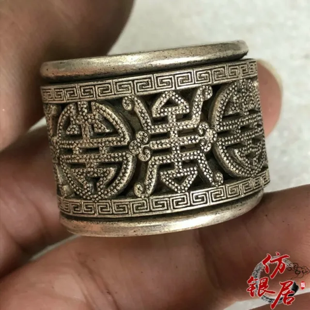 Exquisite Old Chinese tibet silver handcarved flower Pull finge Ring statue 9025