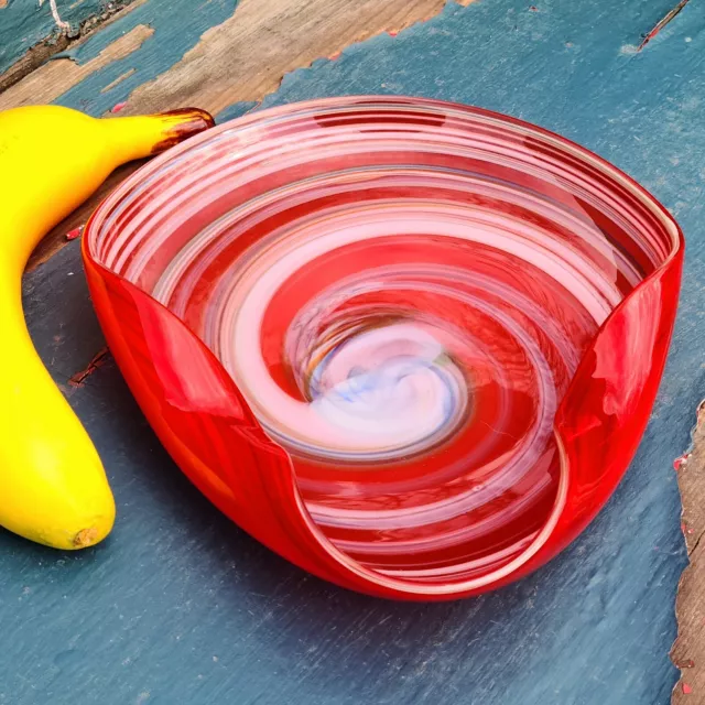 Vintage Murano Art Glass Red Folded Ashtray w light Blue, White and Taupe Swirl