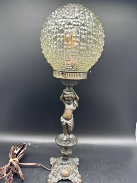 Beautiful 17” Cherub Lamp With Stunning Diamond Cut 6” Light Globe