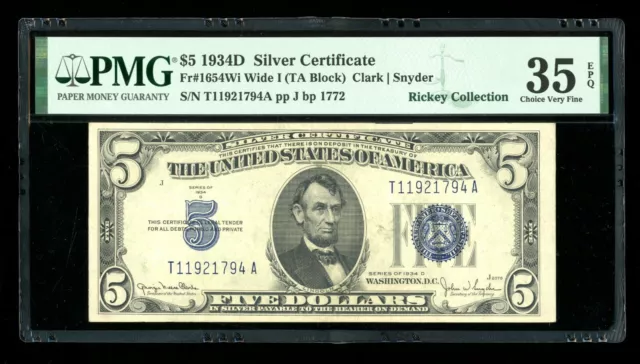 DBR 1934-D $5 Silver Fr. 1654Wi Wide I TA Block PMG 35 EPQ Serial T11921794A