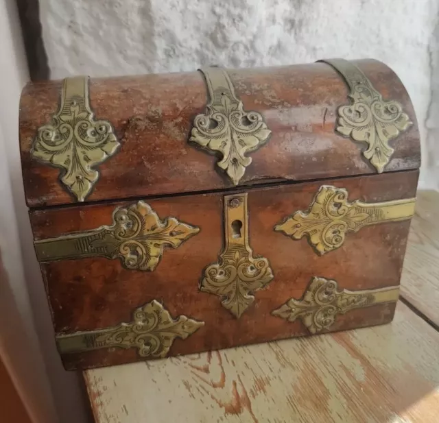 Antique Wooden Casket Brass Mounted Caddy Stationary Box Parkins London Maker.