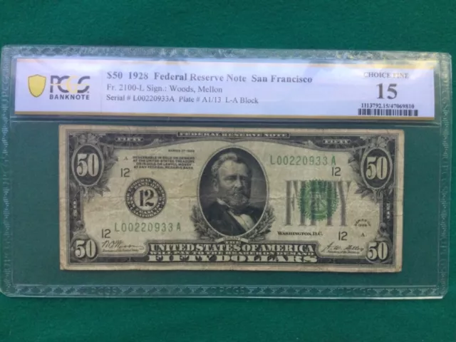 1928 San Francisco $50 FR2100-L Federal Reserve Note PCGS 15  Redeemable In Gold