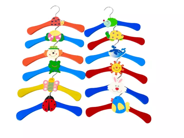 12x Multi Coloured Wooden Baby Kids Children Coat Cloth Hangers Cute Design