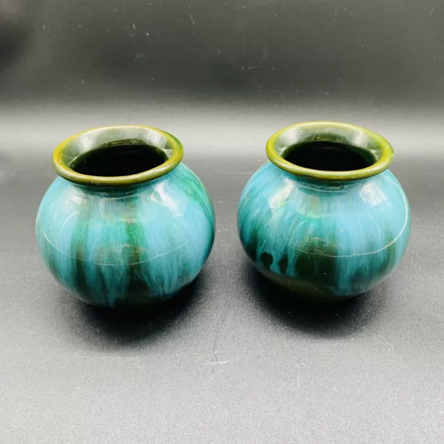 Pair Blue Mountain Pottery Planter Vases Green Glaze Small