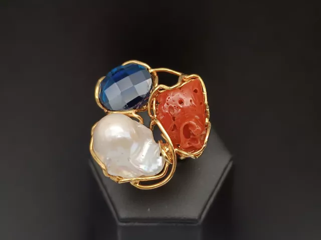 Bague pour Femme Vrai Corail Rouge Perle Blanc Zircon Bleu Bande Argent 925