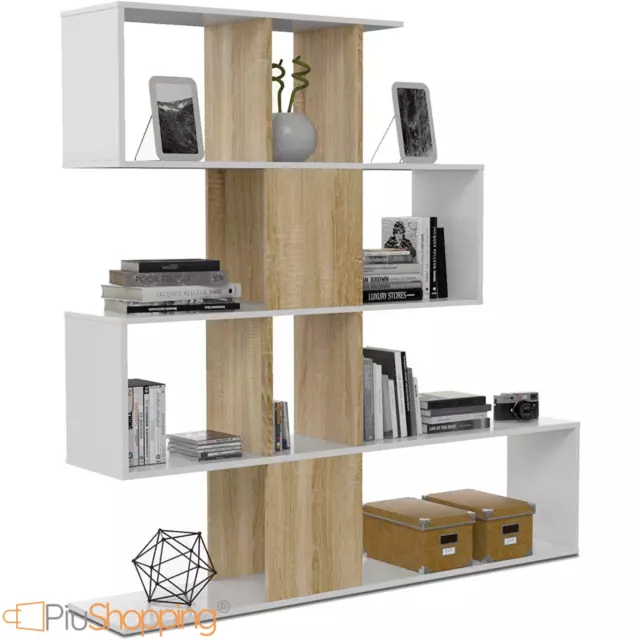 Libreria Moderna Milani Home - Design A Serpente, Bianco E Rovere, 145x29x145cm - Foto 11