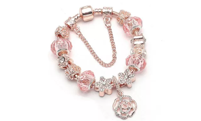 18K Rose Gold Plated Flower Crystal CZ Charm Bracelet Made with Swarovski