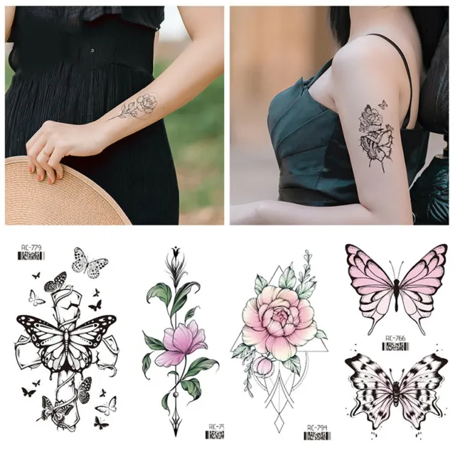 Women Waterproof Tattoo Stickers Butterfly Rose Flower Gun Tatto Body Art