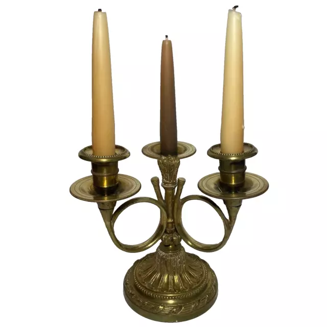 Antique Vintage 3 Arm Metal Brass Candelabra French Hunting Horns (READ)