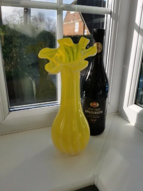 Contemporary Murano Style Yellow Candy Stripe Petal Form Art Glass Vase