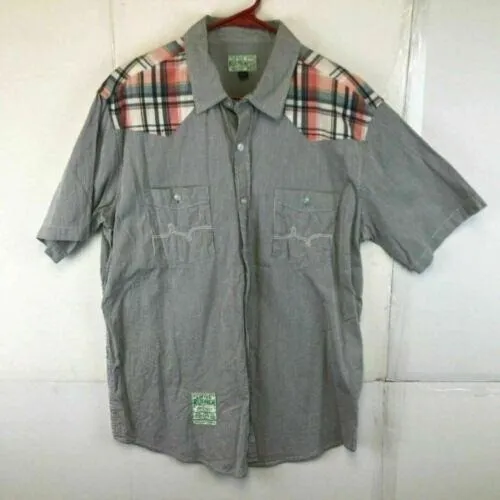 Lifted Research Group Mens Plaid Short Sleeve Gray Button Down Shirt Large