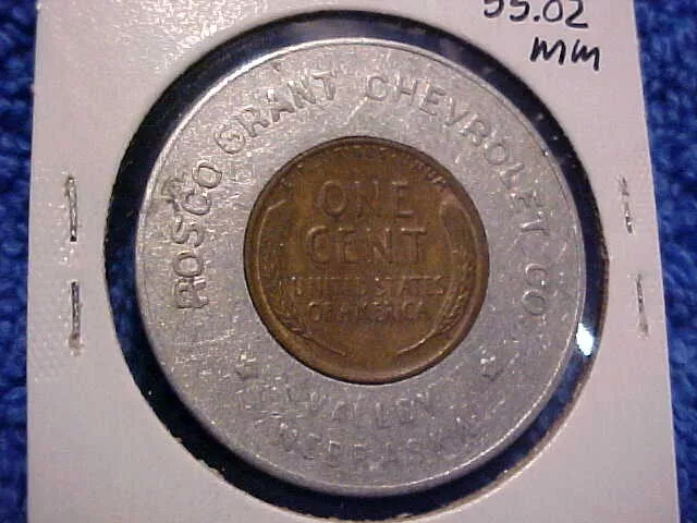 1948 Rosco Grant Chevrolet Co. encased Cent Valley Nebraska Lucky Penny NB .eeCH