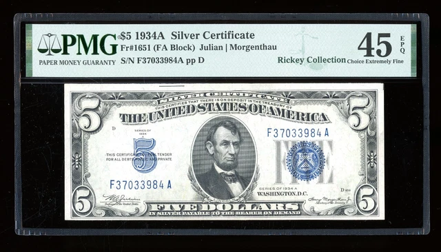 DBR 1934-A $5 Silver Fr. 1651 FA Block PMG 45 EPQ Serial F37033984A
