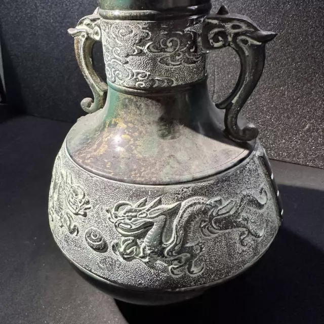 Dragon Relief Metal Vase 98 inch tall Metalwork Pot Figurine Japanese