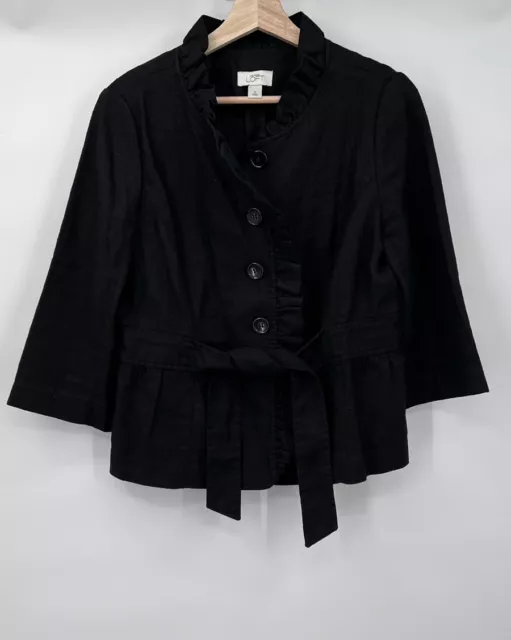 Ann Taylor Loft Black Tie Button Dressy Ruffle Jacket Linen 3/4 Sleeve Size 8