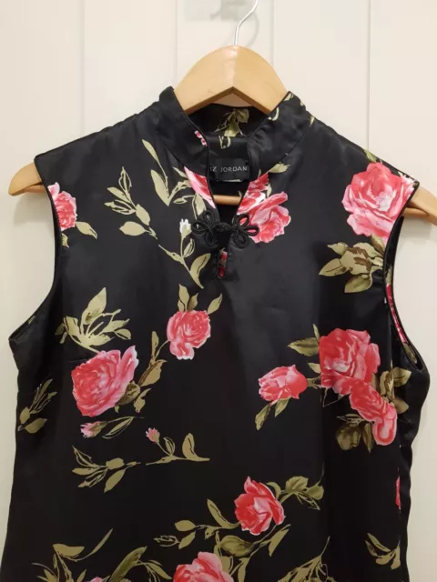 LIZ JORDAN Satin Mandarin Collar Sleeveless Blouse Black Floral Print Size S-M 3