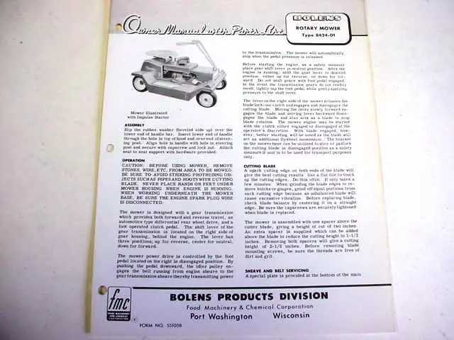 Bolens Lawn & Garden Riding Mower Owner Manual & Parts List Manual