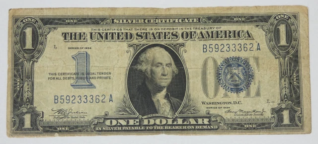 BARGAIN Series 1934 Blue Seal $1 Silver Certificate Note FINE  Fr#1606 3
