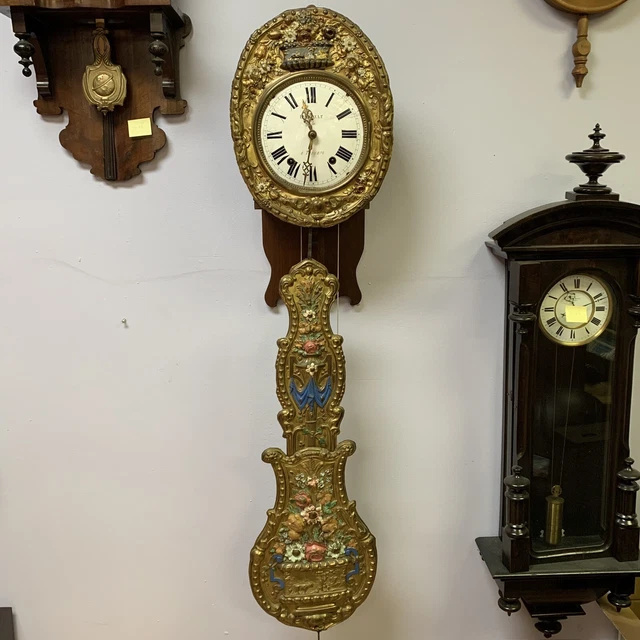 ATQ 1850 French Morbier Hand Painted Brass Comtoise 54" Wall Clock w/ 2 Weights ATQ 1850 French Morbier Hand Painted Brass Comtoise 54" Wall Clock w/ 2 Weights