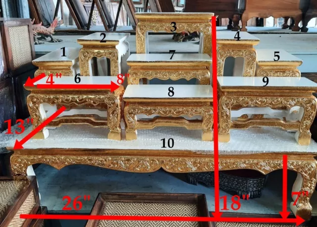Set 9+1 Altar Worship Table Thai Buddha White Gold Hand Carved Teak Wood DHL