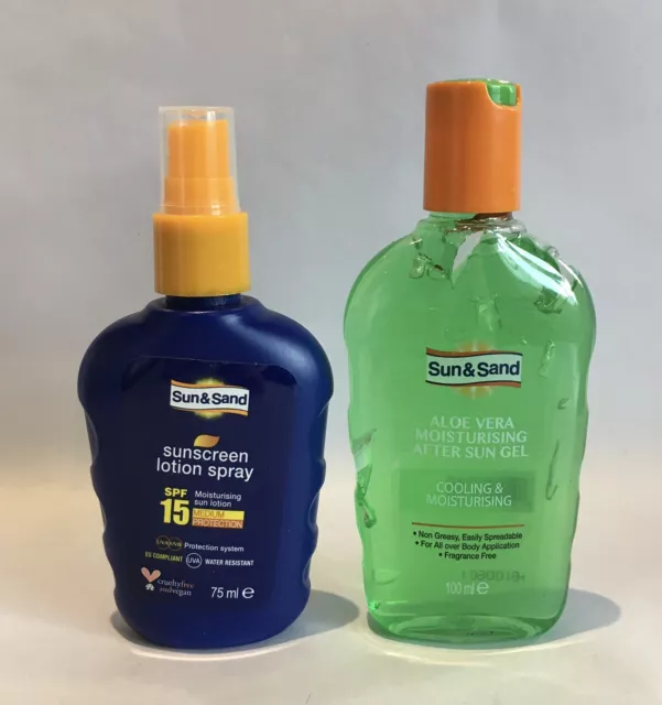 Sun & Sand Sunscreen Lotion Spray SPF15 75ml, Aloe Vera After Sun Gel 100ml Set