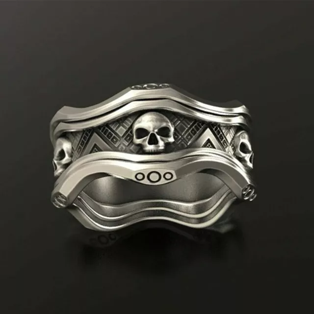 Men's Scull Ring Band 925 Silver Plated Ring Size W 1/2 10cms Width Wave Design