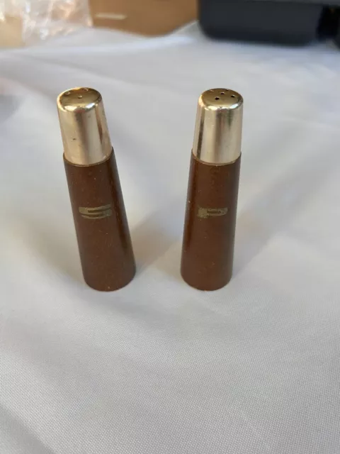 Vintage Mid Century Modern Mcm Wood With Gold Lids Tapered Salt & Pepper Shakers