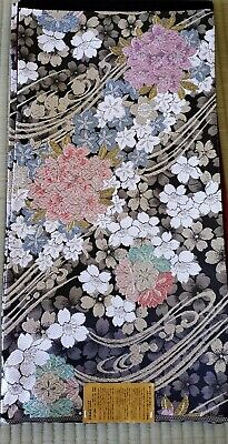 Vintage Japanese Kimono Fukuro Obi NOS Sakura Blue Kyoto Black Luxurious Gold