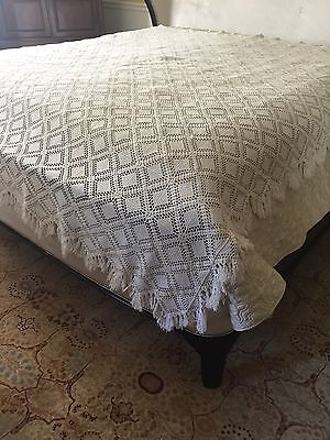 Vintage handmade hand made Crochet coverlet bed cover lace 96" X 86" Fringe!