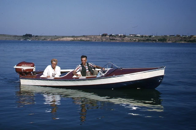 Kodak Slide 1950s Red Border Kodachrome Man and Woman on Boat Johnson Motor
