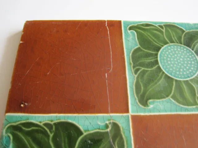 Antique 6"  Victorian Moulded And Majolica Art Nouveau Quartered Tile Mintons 3