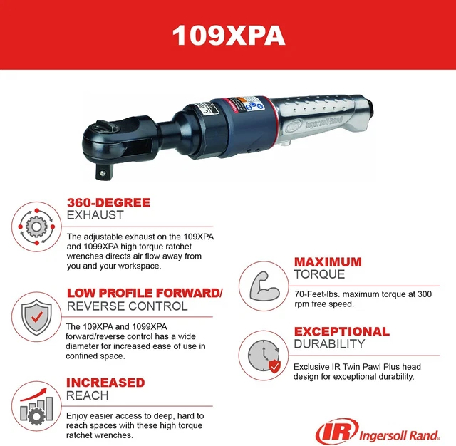 109XPA 3/8” Drive Air Ratchet Wrench, 70 Ft Lbs Max Torque Output, 300 RPM, 360 3
