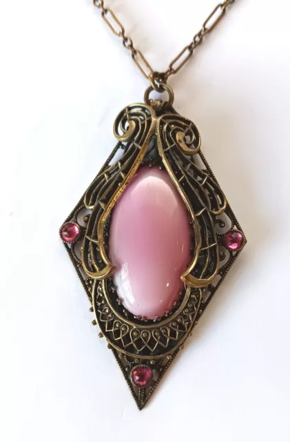 Vintage Czech Bohemian Filigree Necklace with Opalescent Rose Pink Stone