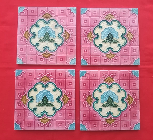 4 Piece Art Deco Floral Embossed Design Majolica Ceramic Tiles Japan 0287 4
