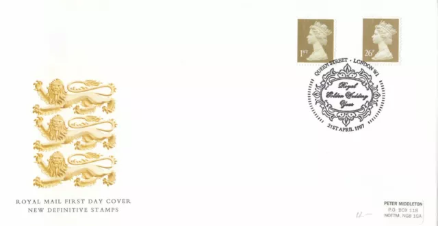 (05973) GB FDC 1st 26p Queen Golden Royal Wedding Queen Street W1 1997