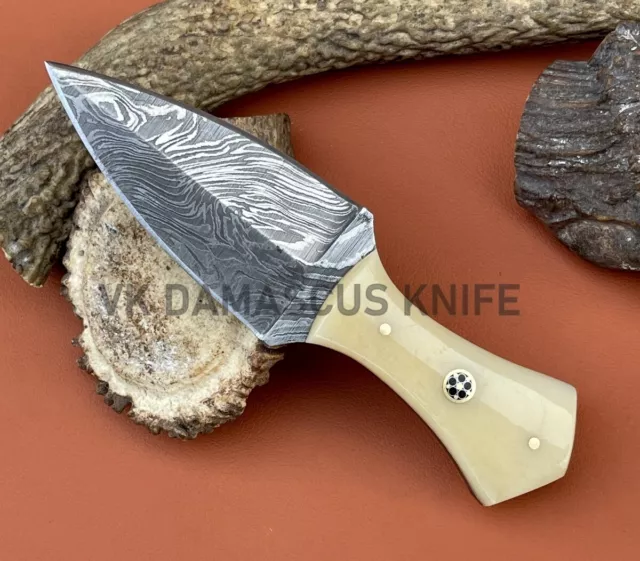 Handmade Damascus Steel Small Dagger Fixed Blade Neck Knife With Leather Sheath