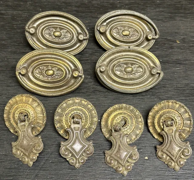 8 Vintage Antique Ornate Brass Drawer Pull  Drop Ring  Victorian Salvage Nice!