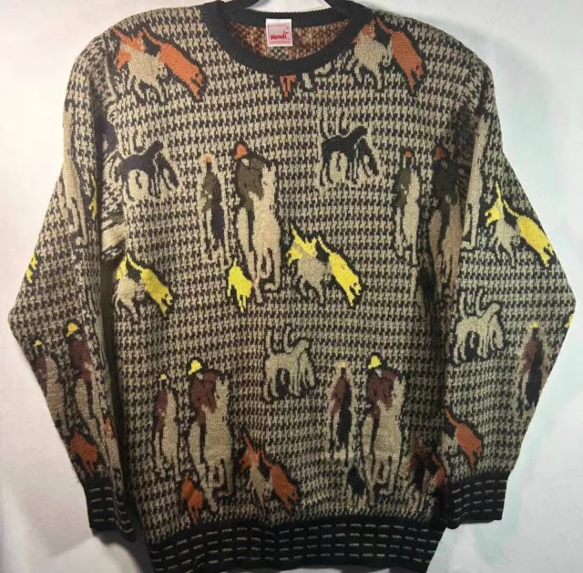 Dog and Horse Print Sweater Mondi Vintage 80s Wool Houndstooth Womens No Size