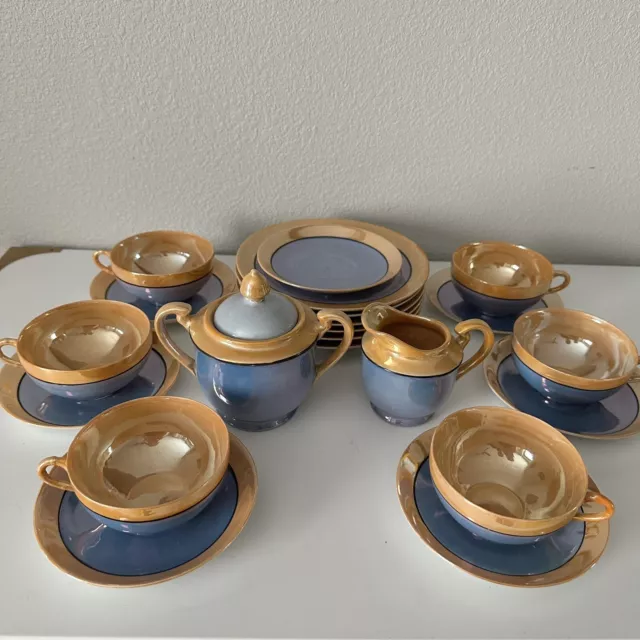 Vintage Japanese Hand Painted Blue & Peach Iridescent Lusterware Tea Set