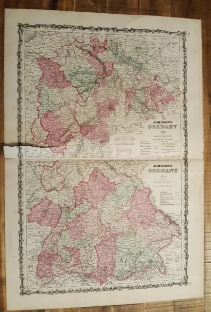Antique Colored MAP OF GERMANY (Map #2 & #3) - Johnson's Atlas 1863