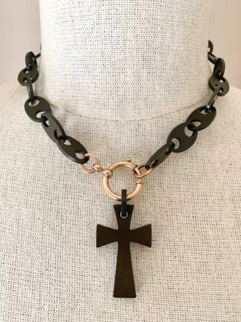 Antique Victorian Mourning Black Vulcanite Chain Cross Pendant Necklace