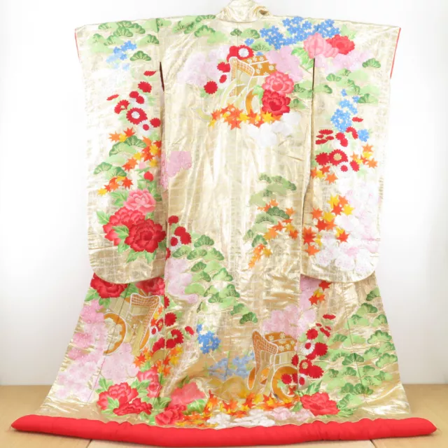 Uchikake Wedding Kimono Silk Embroidery Foil Floral White 72.8inch Women's