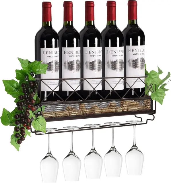 Wall Mounted Wine Rack with Glass Holder Metal Wine Shelf Champagne Bottle Wine