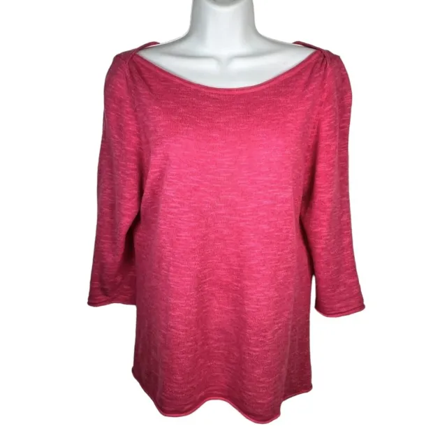 Eileen Fisher Bandeau Neck 3/4 Knit Top Sleeve Pink Organic Linen Cotton Small
