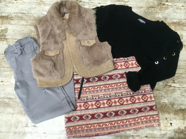 PACCHETTO ABBIGLIAMENTO RAGAZZE ETÀ 10 11 Gonna Azteca Inverno Vera Pelliccia Girovita Top Jeans