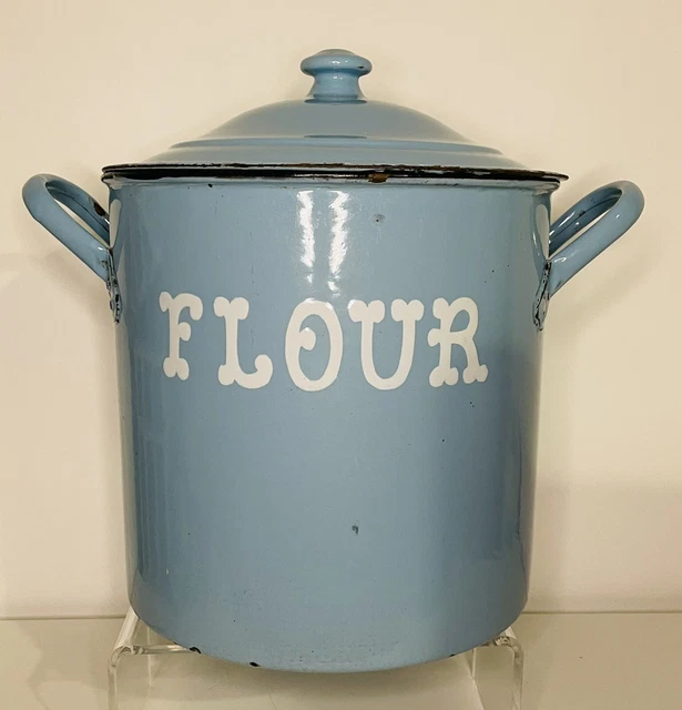 VINTAGE ENAMEL STORAGE Bin/Container Beautiful Blue Colouring 9.5” £60. ...