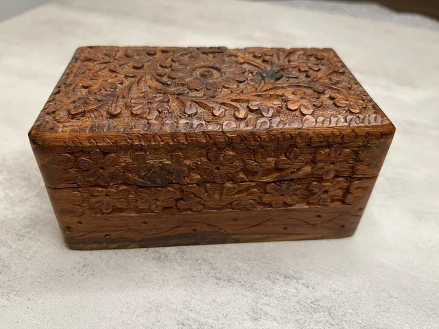 Vintage Hand Carved Wooden Jewelry Or Trinket Box~HINGED~MADE IN INDIA