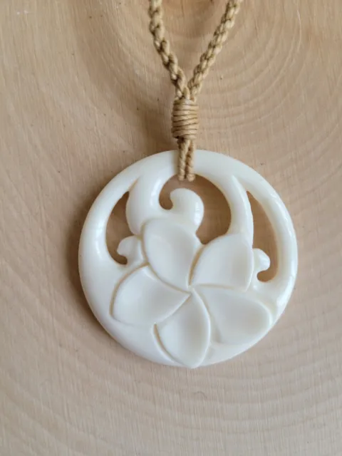 Hawaiian Buffalo Bone Plumeria Flower Pendant Adjustable Necklace Choker