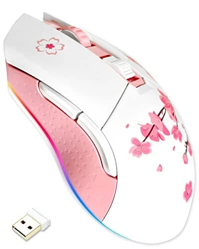 Sakura Pink Wireless Wired Gaming Mouse, Dual-Mode Rechargeable 7 Programmable
