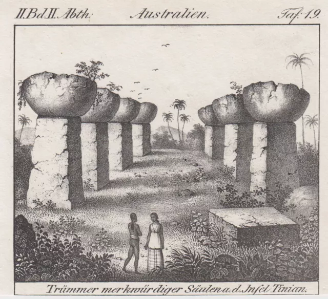 Marianen Isla Tinian Ruinas Original Litografía Völkergalerie 1840